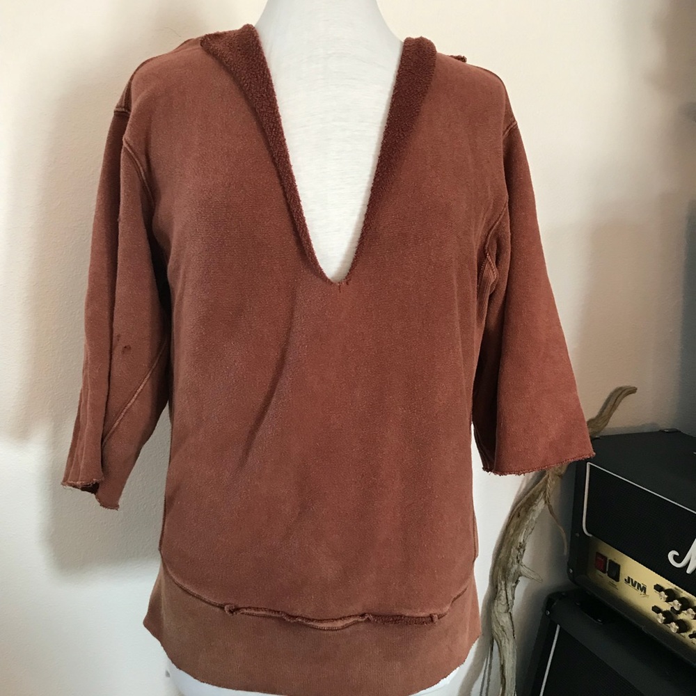 Free People Destroyed Sweatshirt Burnt Brown VNeck